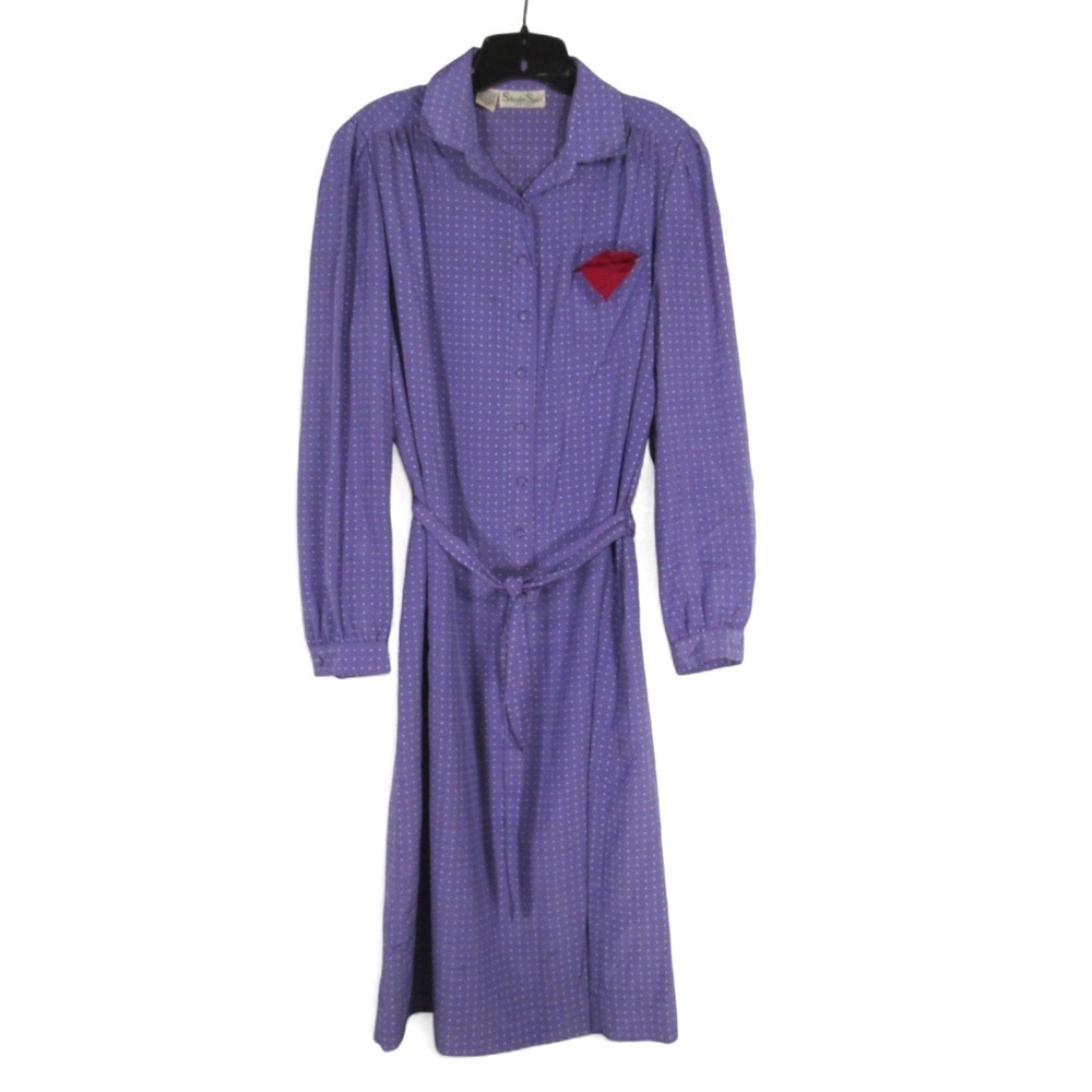 VTG SCHRADER SPORT Periwinkle POLKA DOT Tie Belt 1/2-BUTTON Satin SHIRT DRESS 16